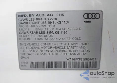 2015 Audi Q3 2.0T Premium Plus из США, поврежденный, VIN WA1GFCFS4FR010231